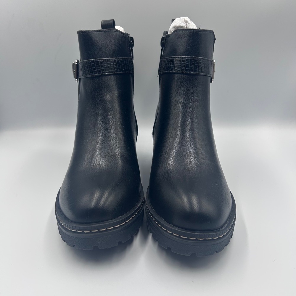 MIA 1976 Womens Black Lug Sole Ankle Boots Buckle Strap Side Zip Size 8 NEW